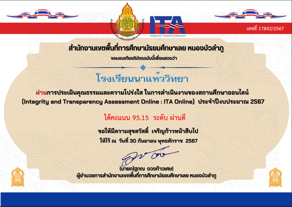 โรงเรียนนาแห้ววิทยา ผ่านการประเมินคุณธรรมและความโปร่งใส (ITA) ระดับ “ผ่านดี” ประจำปีงบประมาณ 2567